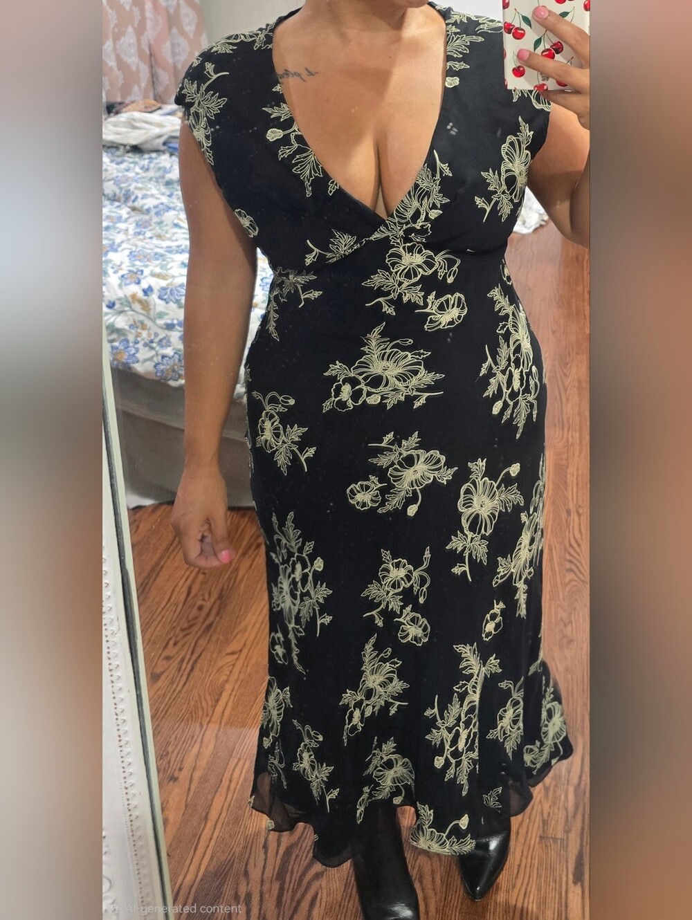 Vintage Black Floral V-Neck Maxi Dress - Whimsical Goth
